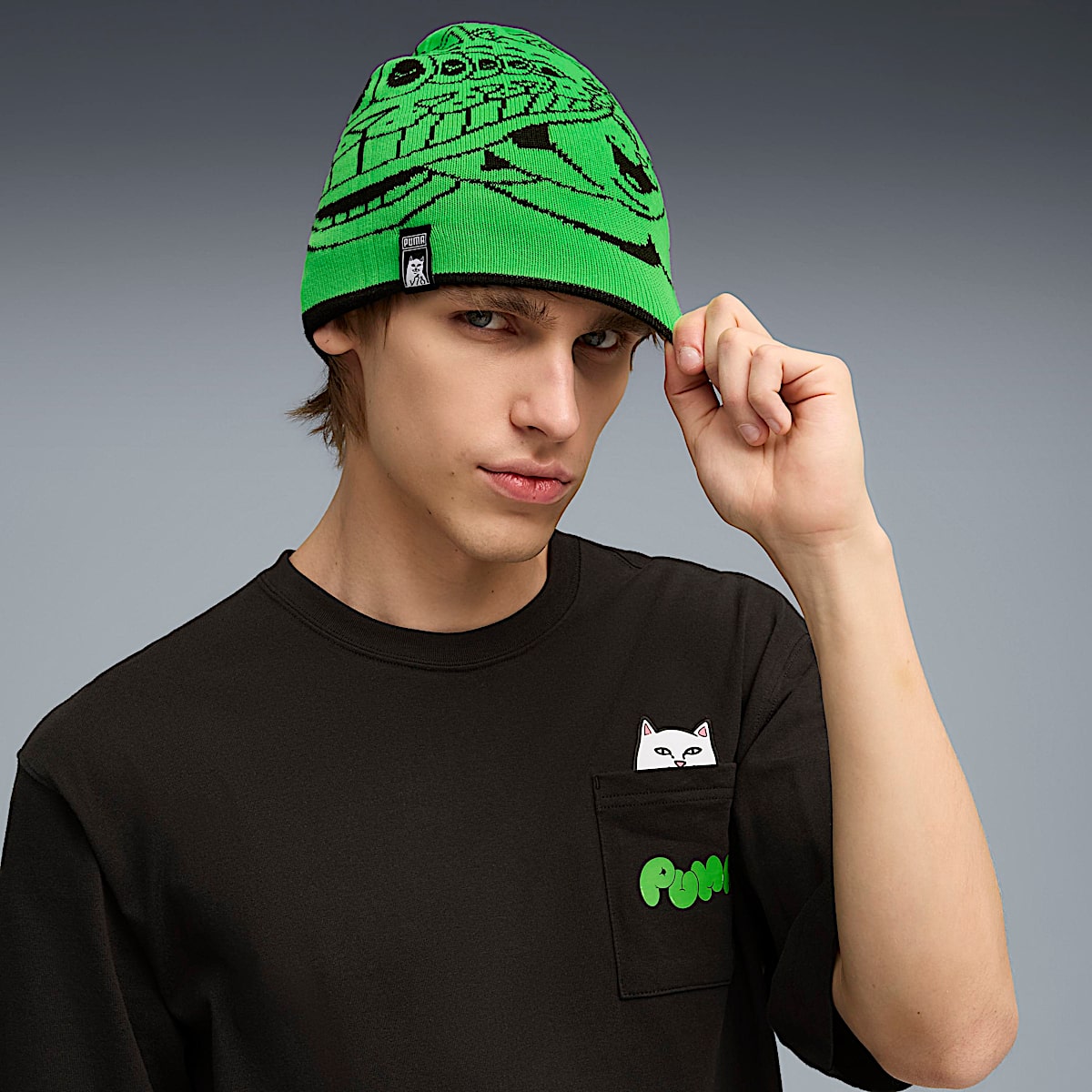 PUMA x RIPNDIP Reversable Skull Beanie (PUMA Black-Fluro Green Pes) - Image 4